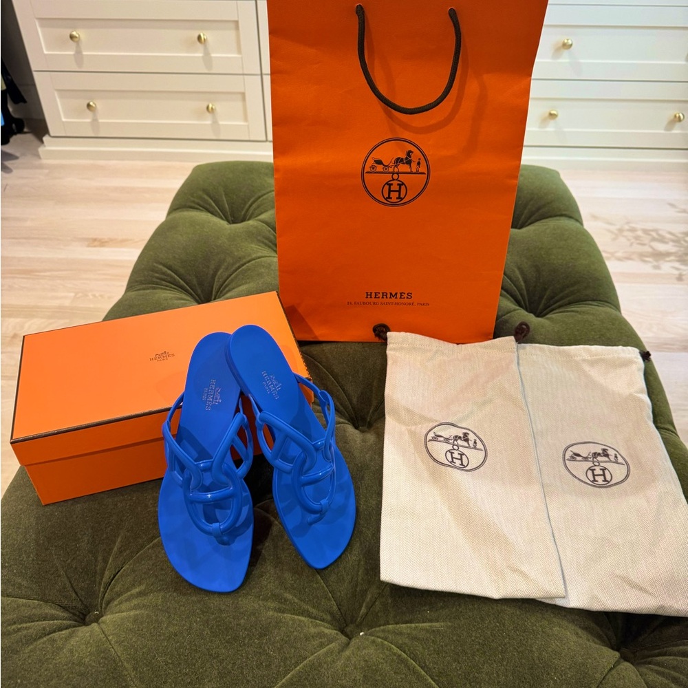Hermes Blue Leather Sandal Thong Slides